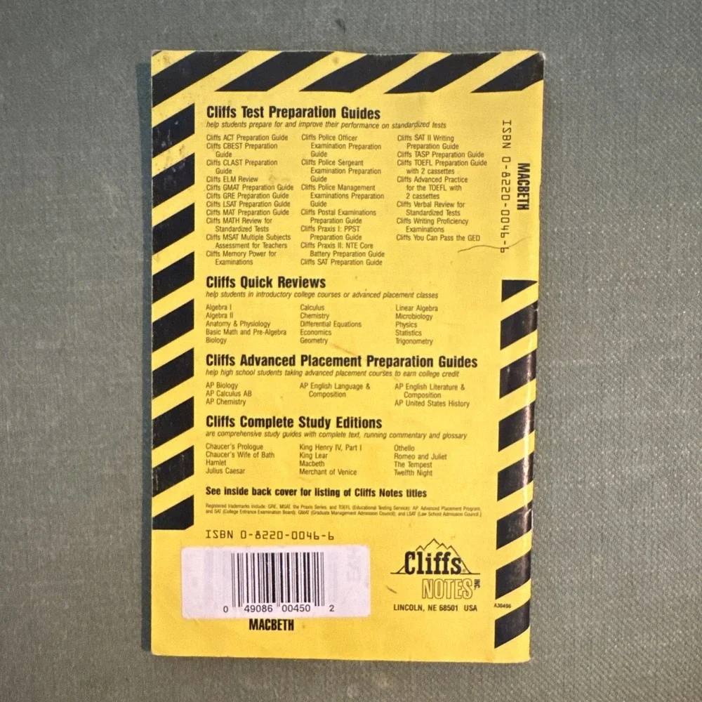 Vintage Cliffs Notes Shakespeare's Macbeth Denis Calandra Study Guide